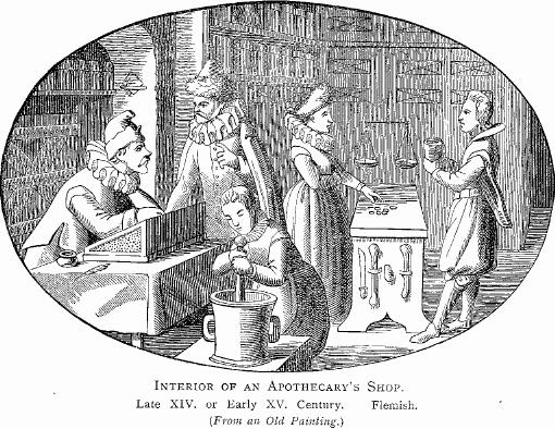 Intérieur d'une apothicairerie, gravure ancienne.